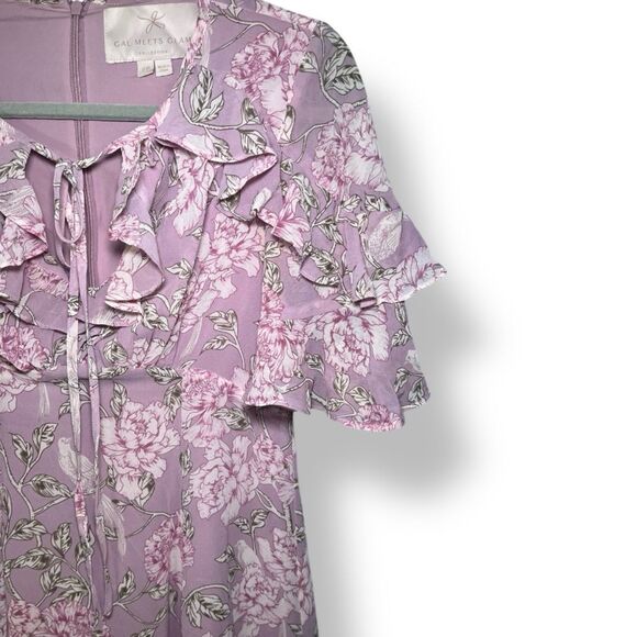 GAL MEETS GLAM Shelby Tie Neck Floral Midi Maxi Dress Ruffled Pink 6 Petite - Picture 7 of 8